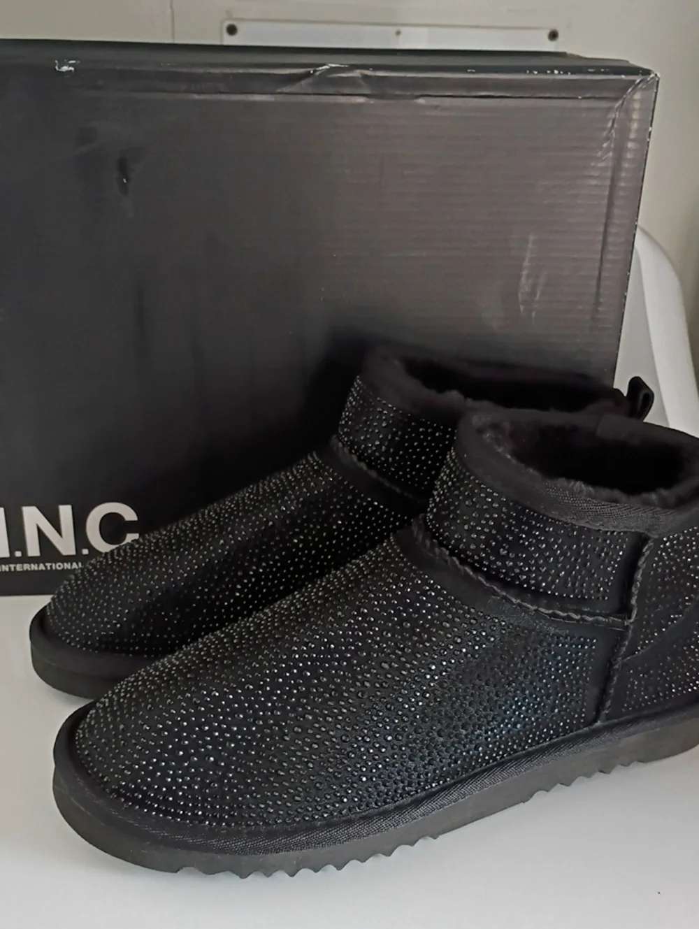 INC International Concepts Black Sparkle Faux-Fur Ankle Booties
